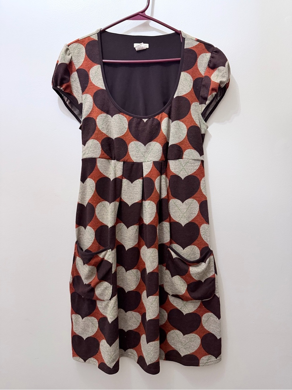 Vintage Maurice’s Retro Interlocking Hearts Patch Pockets Short Dress Brown M